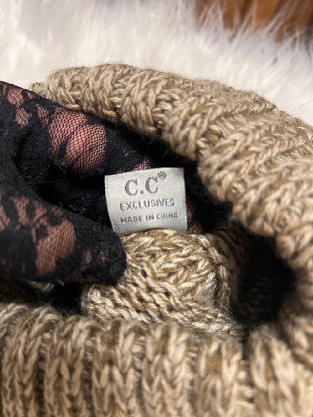 C.C Marled Knit Beanie in Taupe and Cream - Picture 6 of 7